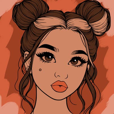 realistic girl with two buns on her hair and lips