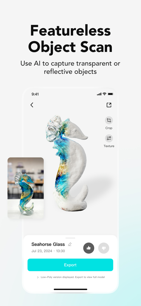 KIRI Engine:3D Scanner & LiDAR - KIRI Engine App-Oberfläche, die einen 3D-Scan eines transparenten Glas-Seepferdchens unter Verwendung von KI für merkmalslose Objekte zeigt
