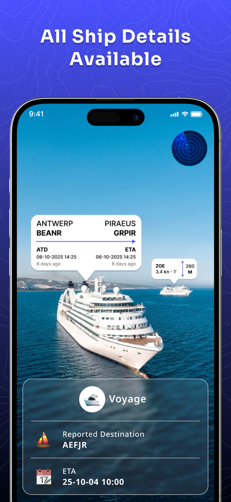 Interface of the Ship Traffic app showing detailed voyage information and real-time tracking for a cruise ship