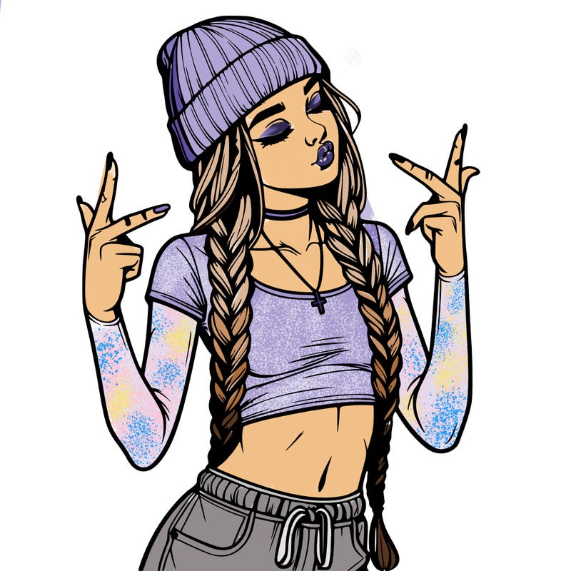 realistic teenage girl with braids and a beanie and crop top doing 🫶🏼