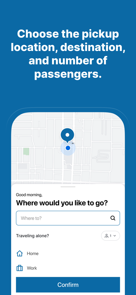 MetroConnect Miami-Dade - MetroConnect Miami-Dade app interface for selecting pickup location and destination for a shared ride.