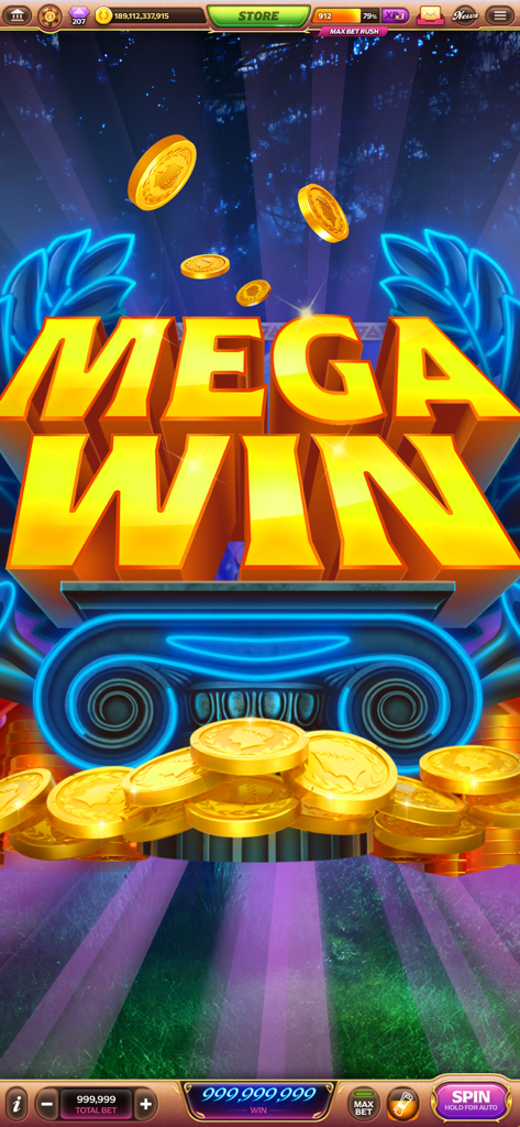 シーザーズ・スロットのメガ・ウィン・ゲーム画面には金貨が表示されている。