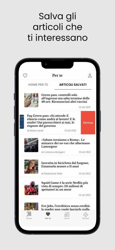 Interface of Il Messaggero Mobile app displaying a list of saved news articles in the Per te section