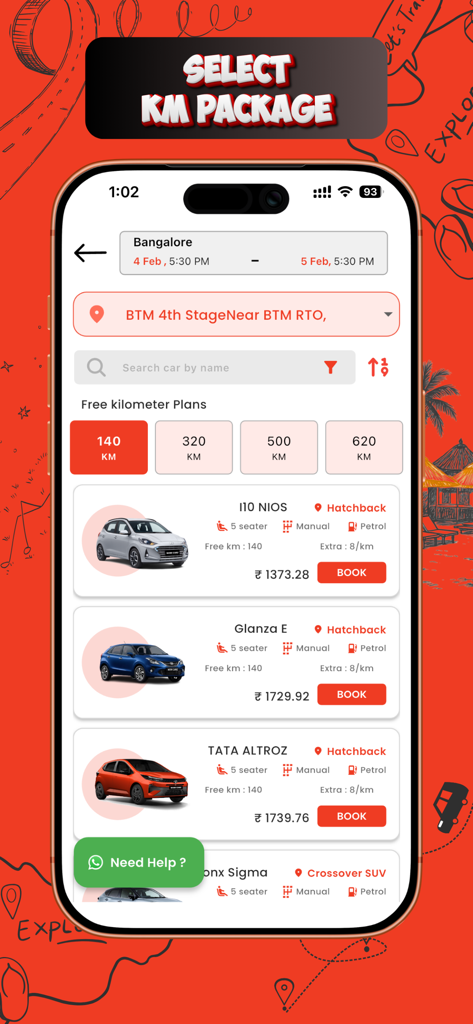 Wowcarz -Self drive car rental - 이용 가능한 렌터카와 무료 킬로미터 패키지 옵션을 보여주는 Wowcarz 앱 인터페이스