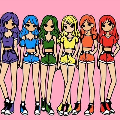 a group of girls wearing crop tops and shorts