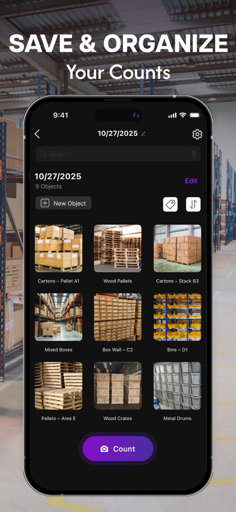 Count Things app interface showing organized inventory records of pallets and cartons in a warehouse