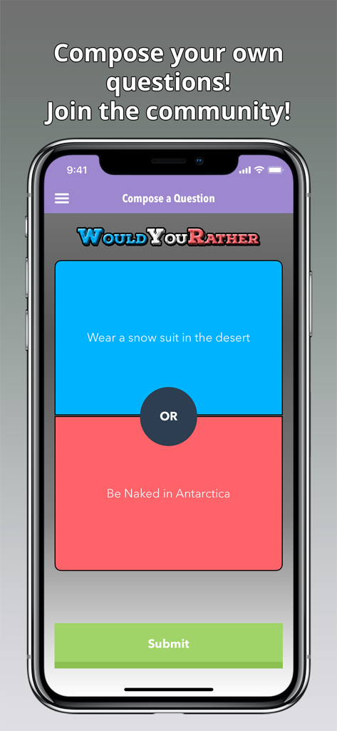 Would You Rather? Viral Game - Would You Rather app interface for composing custom viral questions on iPhone
