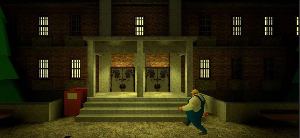 Grandpa and Granny 3: Hospital - A security guard character walking towards the dark entrance of a creepy hospital building at night.