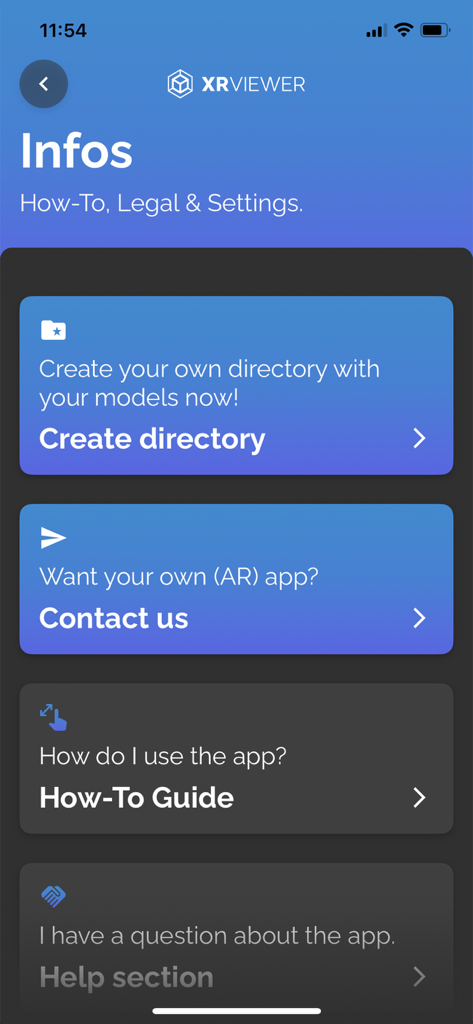 The information and settings screen of the XR Viewer app featuring options for creating directories contact support and user guides