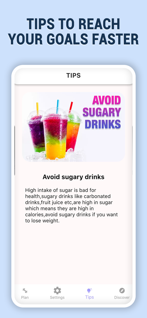 Chest Workout for Men at Home - Pantalla de consejos de salud en la aplicación de rutina de pecho aconsejando a los usuarios evitar bebidas azucaradas para mejores resultados de fitness.