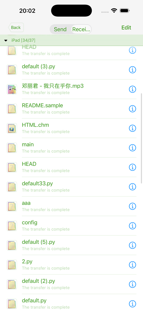 Interface showing a list of completed file transfers including Python scripts and other documents in the Python3 IDE app.