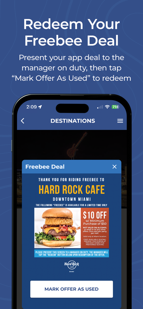 Écran de l'application Ride Freebee affichant une offre de réduction pour le Hard Rock Cafe dans le centre-ville de Miami