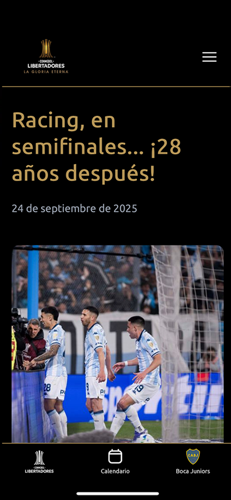 CONMEBOL Libertadores - Artículo de noticias en la aplicación CONMEBOL Libertadores sobre la llegada de Racing Club a las semifinales después de veintiocho años
