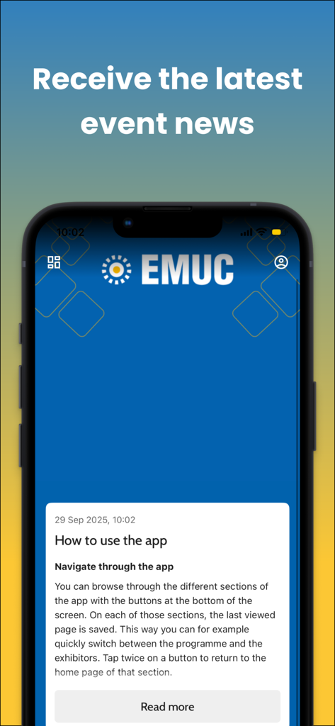 EMUC - Pantalla de la aplicación EMUC que muestra las últimas noticias del evento y una guía sobre cómo navegar por la aplicación