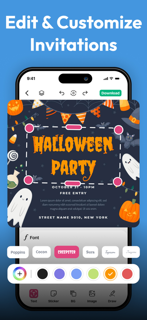 Invitation Maker- Invites RSVP - Mobile app interface for editing and customizing a Halloween party invitation template.