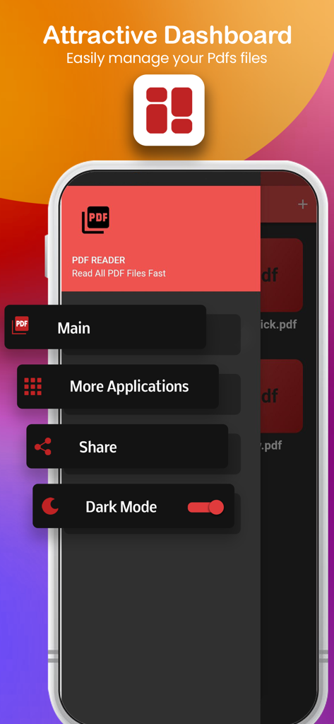 PDF Reader and PDF Viewer - Smartphone zeigt das Dashboard der PDF Reader App mit Menüoptionen und einem Schalter für den Dunkelmodus.