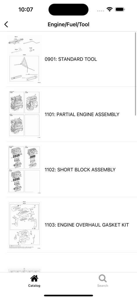 Car parts for Toyota - Toyota spare parts catalog app showing diagrams for engine assembly and standard tools