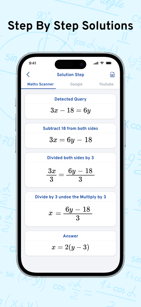 AI Math Scanner: Maths Solver - Smartphone screen showing step by step algebra solutions in the AI Math Scanner app.