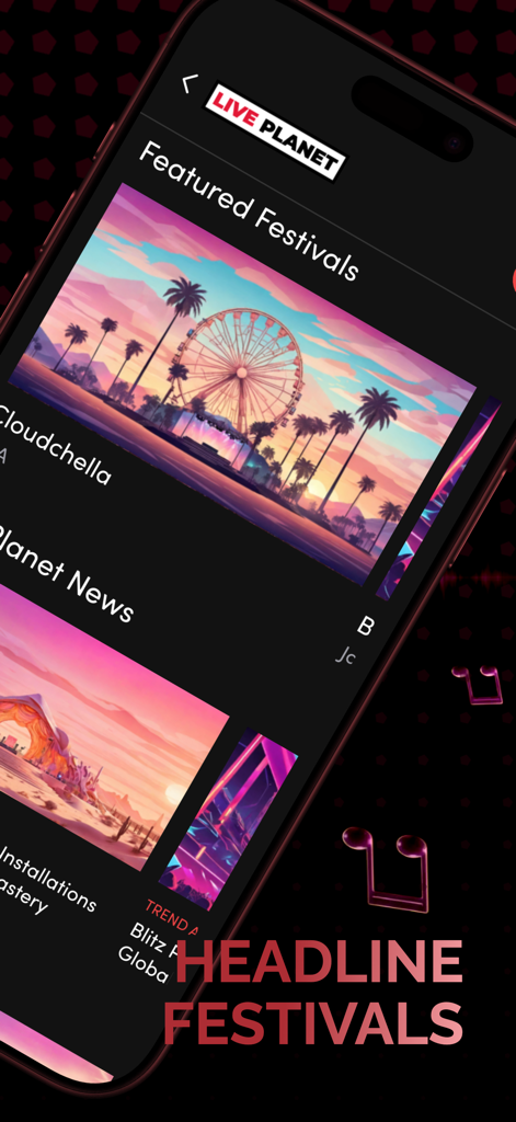 Interfaccia del gioco Music Wars Rockstar che mostra festival in primo piano come Cloudchella e notizie del settore