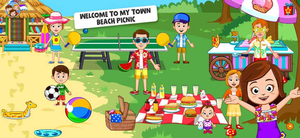 Cartoon characters enjoying a picnic and playing beach games in My Town Beach Picnic