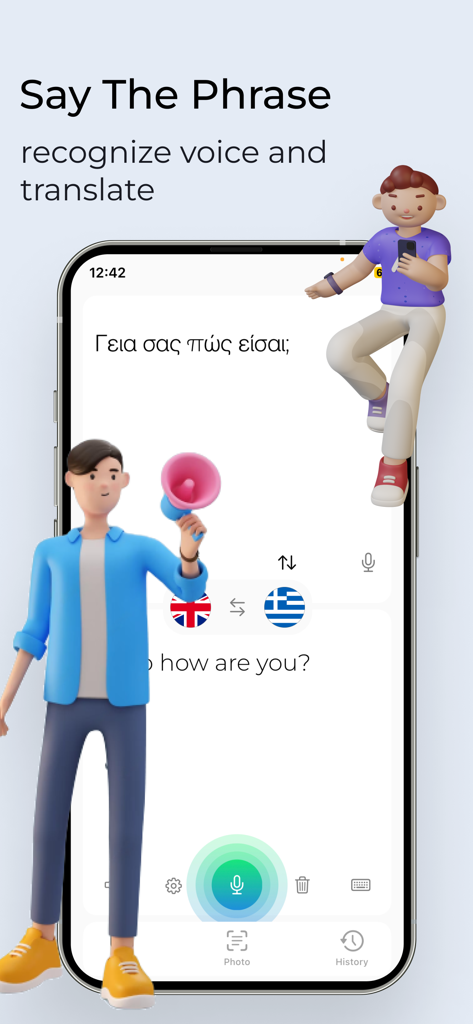Interface of the Translator Offline app showing voice recognition and translation from Greek to English