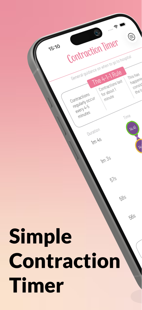 Mobile app screen showing a simple contraction timer with labor tracking history