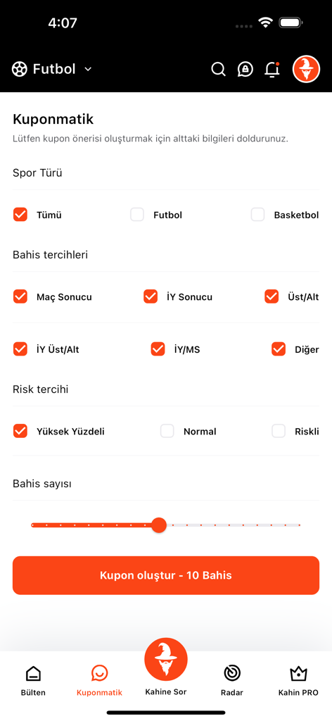 Kahin - Betting Analysis - Kahin App-Oberfläche zum Erstellen automatisierter Wettcoupons mit Sport- und Risikofiltern