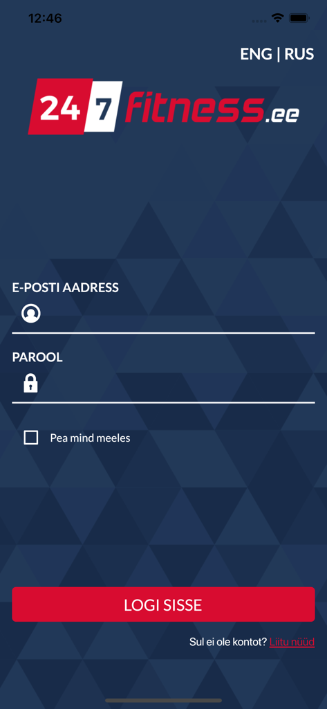 Écran de connexion de l'application mobile 24-7 Fitness