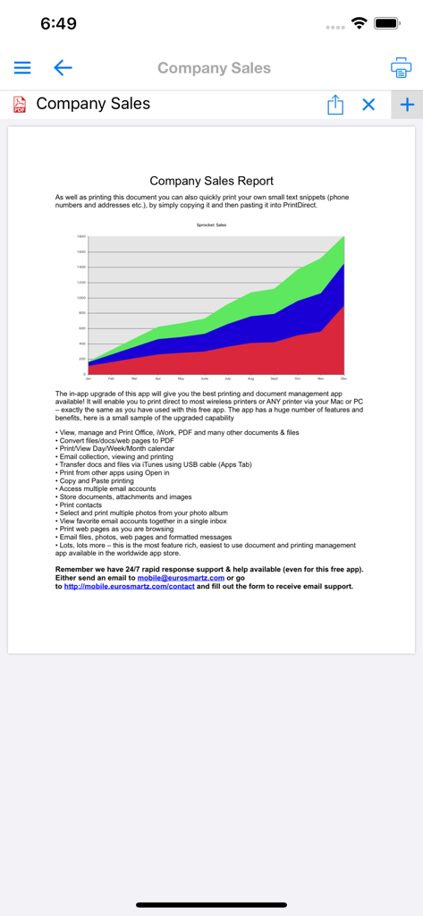 A company sales report featuring a stacked area chart and a list of document management features in the FileCentral app.