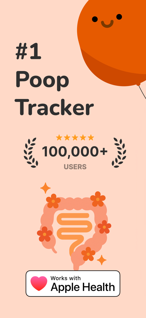 Poop Tracker - Balloon - Pantalla de introducción de la aplicación Balloon Poop Tracker que muestra calificaciones de usuarios e integración con Apple Health
