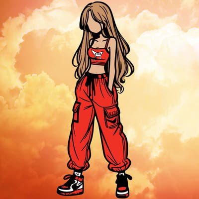 girl in baggy pants crop top and long hair