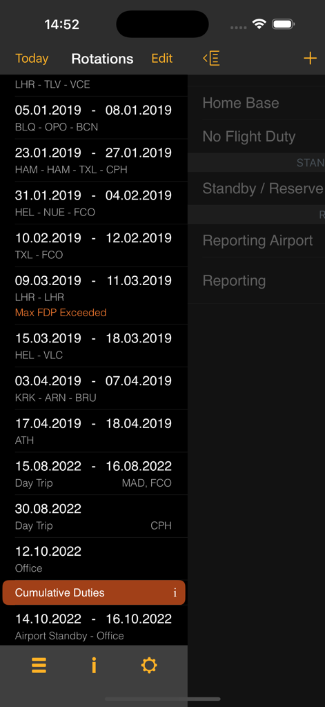 A list of flight rotations and duty periods showing dates and airport codes in the EASA FTL Calc app interface