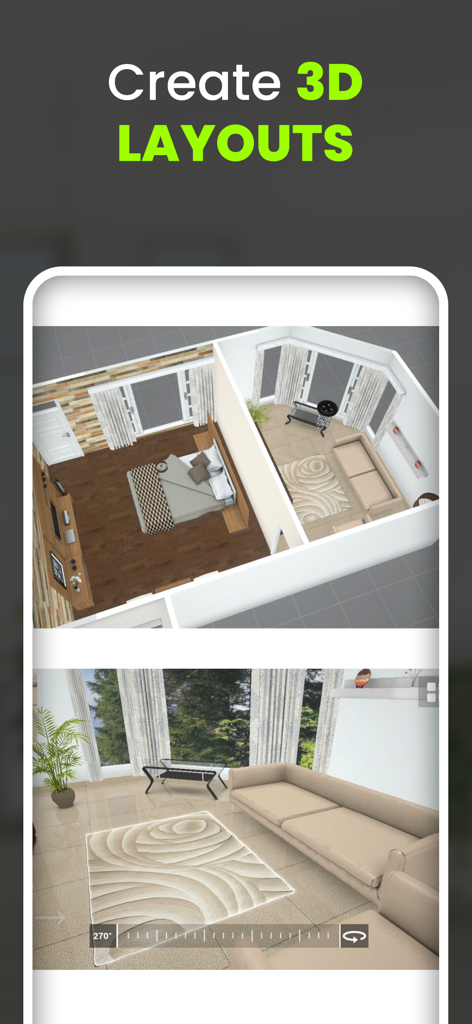 La aplicación Home Design 3D Designverse mostrando diseños de habitaciones 3D y visualización de diseño de interiores