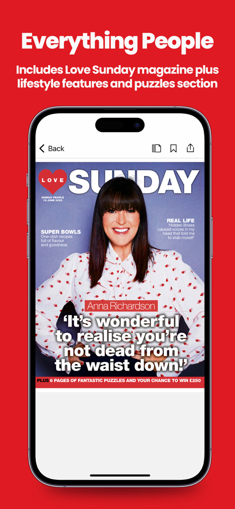 Écran de l'application Sunday People Newspaper montrant la couverture du magazine Love Sunday.