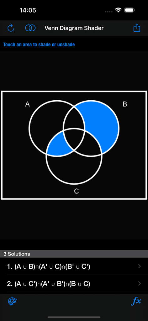 Venn Diagram Shader - Un diagrama de Venn de 3 conjuntos con sombreado azul y expresiones de notación de conjuntos matemáticas correspondientes en una aplicación móvil.