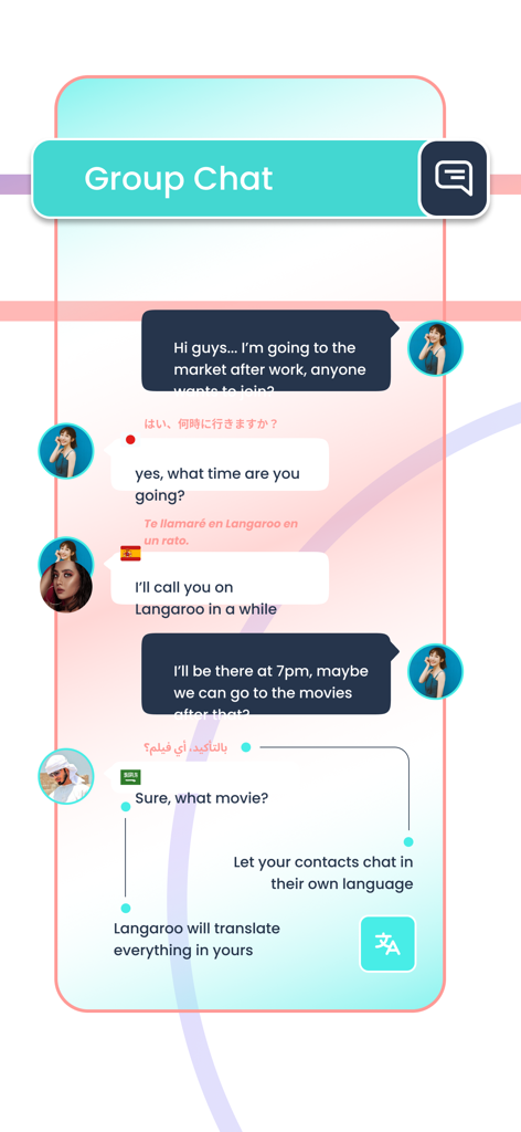 A group chat interface in Langaroo+ displaying translated messages from multiple languages.