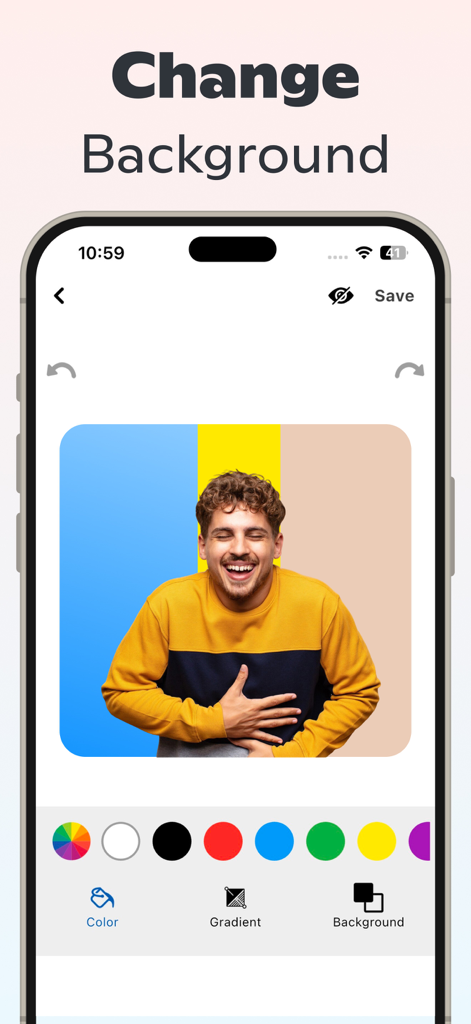 Background Remover - BG Editor - Smartphone interface showing the change background tool with color selection for a portrait.