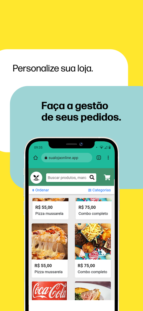 PagVendas NF-e, Vendas, Gestão - Interface de l'application mobile PagVendas montrant un catalogue numérique pour la gestion d'entreprise.