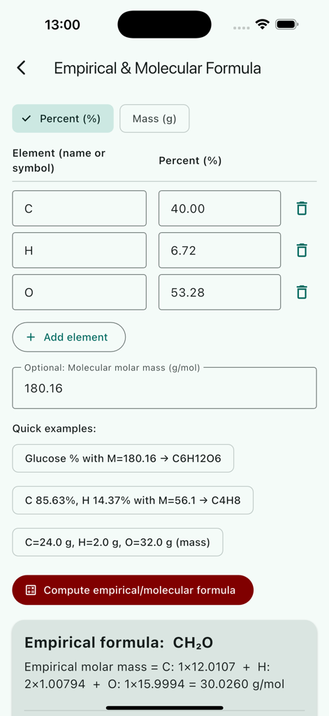 Chemistry lab pro - Interfaz de calculadora de fórmula empírica y molecular en la aplicación Chemistry Lab Pro