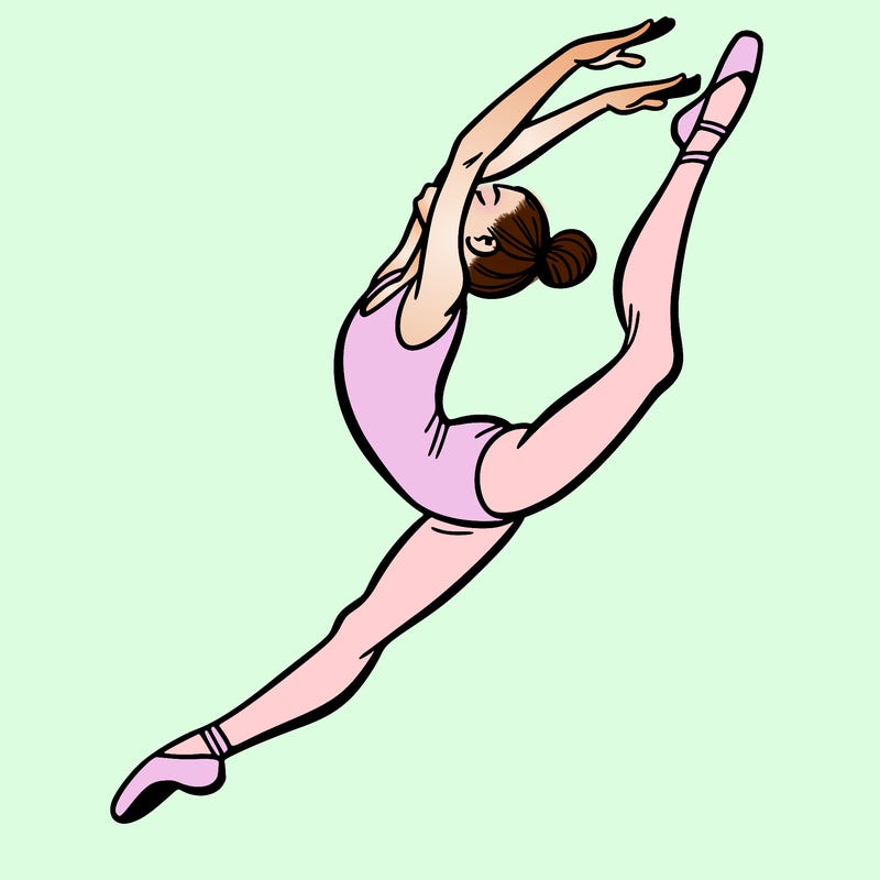 gymnast doing a leap in a leotard with a bent back leg