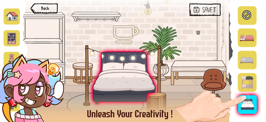 Interfaz de la aplicación Mundo Creador de Ideas para Habitaciones mostrando una mano seleccionando una cama para personalizar una habitación virtual