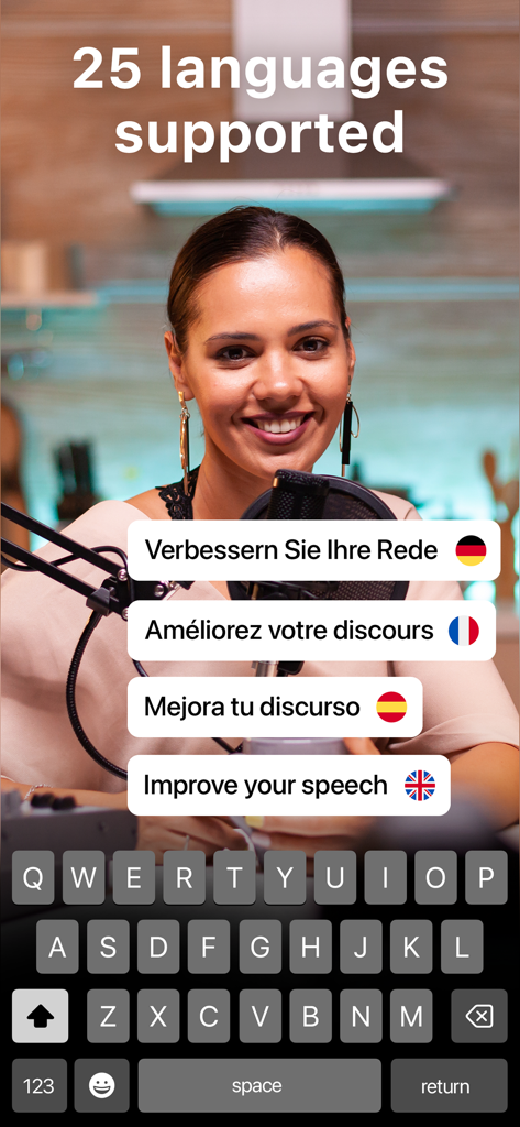 Pantalla de la aplicación móvil que muestra 25 idiomas admitidos para subtítulos automáticos de vídeo con ejemplos en alemán, francés, español e inglés.