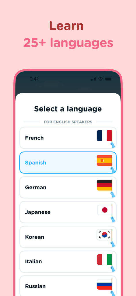 Airlearn app interface showing a list of languages to select with a minimalist design.