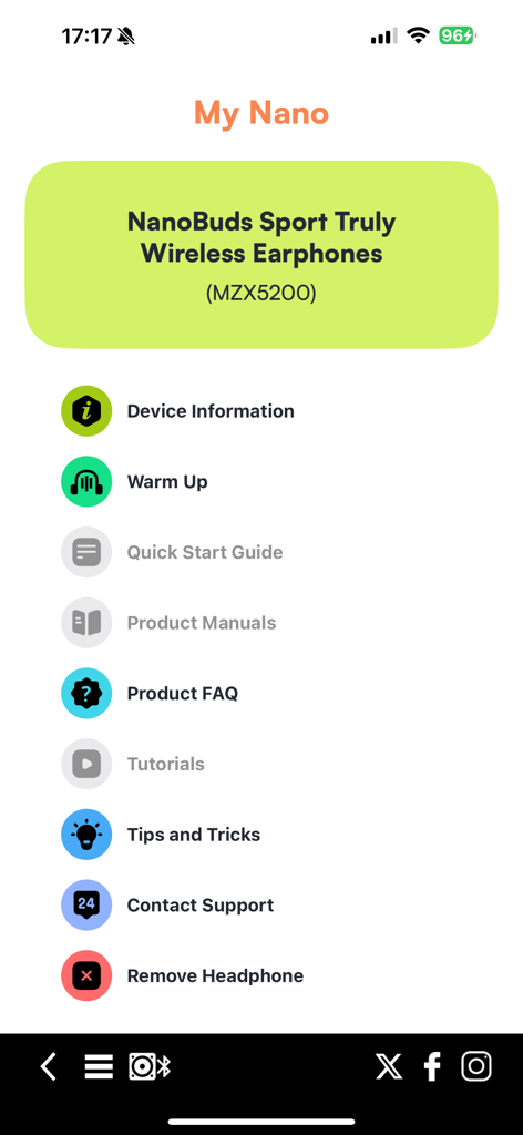 Settings and support menu for NanoBuds Sport earphones in the Altec Lansing Just Listen app