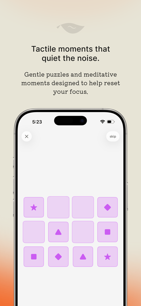 fidgy ~ mindful play - Screenshot of the fidgy app showing a minimalist grid puzzle with soft purple tiles and geometric shapes for mindful focus