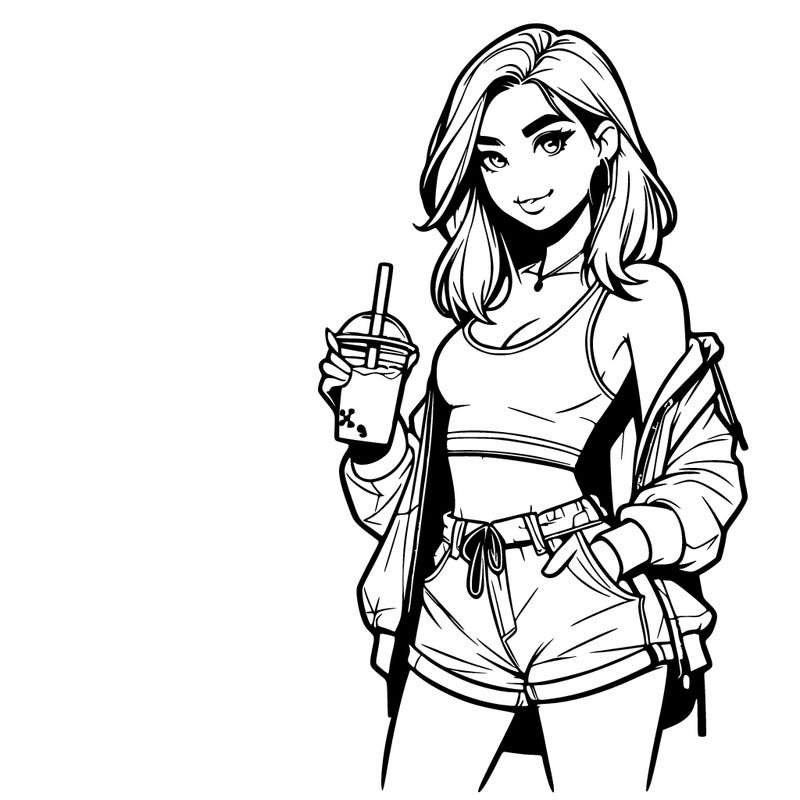 beautiful realistic girl wearing a crop top, a jacket, shorts, and converse sneakers. she is drinking boba!