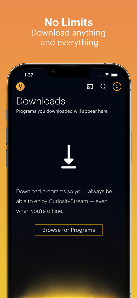 CuriosityStream - Tela de downloads do aplicativo móvel CuriosityStream para streaming offline