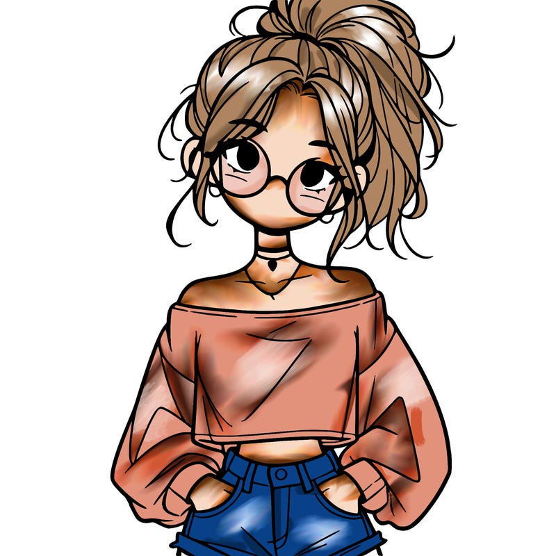 girl with a messy ponytail glasses a baggy crop top and jean shorts