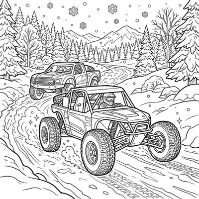 Experience the thrill of winter off-road racing with this action-packed coloring page. Two powerful vehicles navigate a snowy track amidst a picturesque winter wonderland, ready for your creative touch.