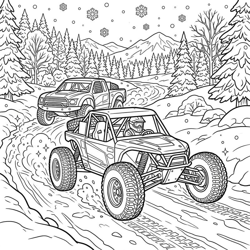 Experience the thrill of winter off-road racing with this action-packed coloring page. Two powerful vehicles navigate a snowy track amidst a picturesque winter wonderland, ready for your creative touch.